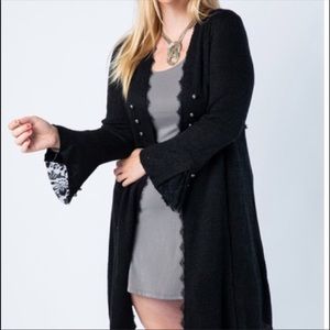 Vocal Black Duster Cardigan with Lace Details